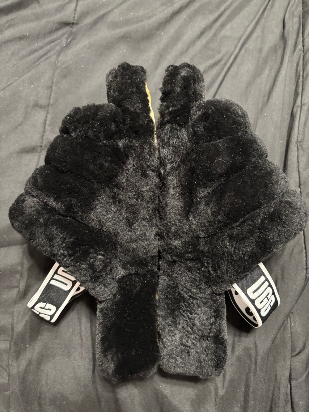 UGG Black Plush Slide with Branded Elastic Strap